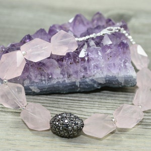 Rose Quartz Faceted Nugget Bracelet with Oval Diamond Metal Pave Accent Bead