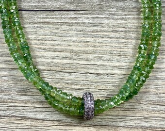 Double Stranded Natural Green Apatite Faceted Rondelle Necklace with 10mm Pave Diamond Rondelle Bead / AAA Quality