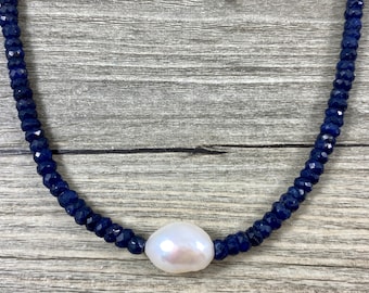 Incredible Deep Blue Sapphire Rondelles and Lustrous White Cultured Pearl Necklace / 12mm Nugget Pearl Bead / 3mm Faceted Sapphire Rondelles