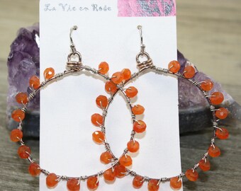 Wire Wrapped Carnelian Circle Earrings / Genuine Gemstone Earrings