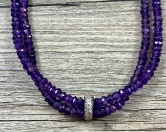 Gorgeous Double Stranded Faceted Amethyst Rondelle Necklace with Pave Diamond Rondelle Pendant Bead /AAA Quality / Genuine Gemstone Jewelry