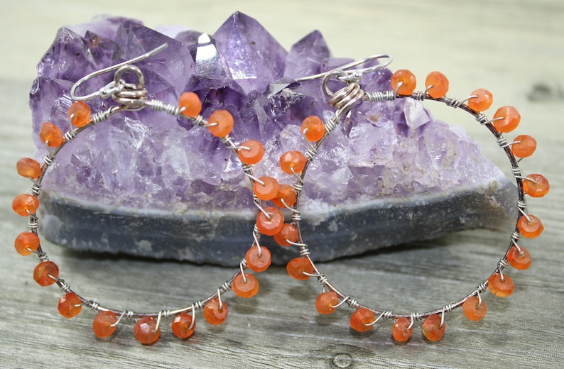 Wire Wrapped Carnelian Circle Earrings Genuine Gemstone Earrings