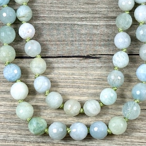 Mooie Aquamarijn handgeknoopte kralen ketting / Jade groene zijden koord / AAA kwaliteit gefacetteerde 8mm Aquamarijn edelsteen kralen / handgeknoopt