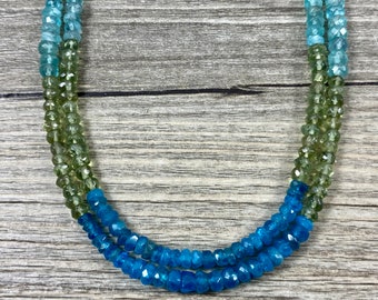 Gorgeous Double Strand Multi Colored Faceted Apatite Rondelle Necklace / Sky Blue / Neon Blue / Light Green Apatite / AAA Quality