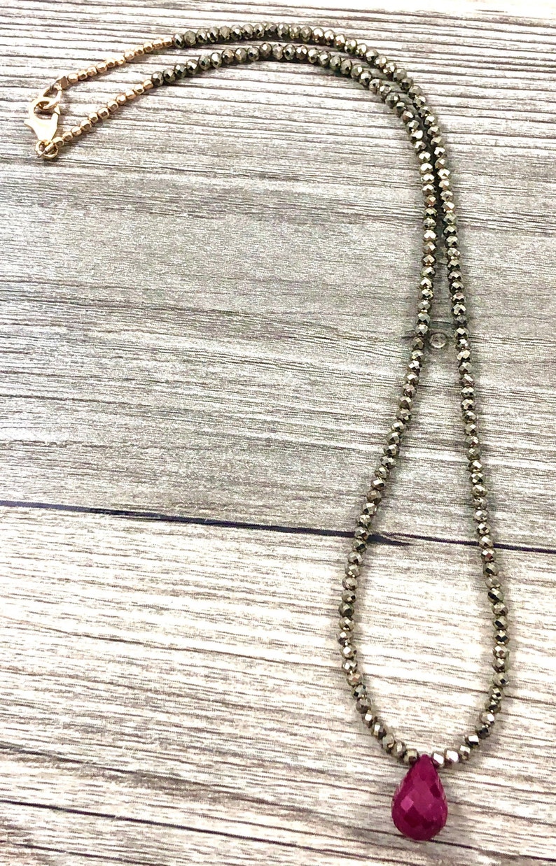 Ruby Teardrop Pendant on Natural Pyrite Rondelle Necklace AAA Quality Gemstones Large Faceted Ruby Shimmery Faceted Pyrite Rodelles