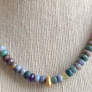 Natural Indian Agate, Amethyst, Lemon Quartz Faceted Rondelles Necklace with Matte Gold Vermeil Center Saucer Bead/ Genuine Gemstone Jewelry
