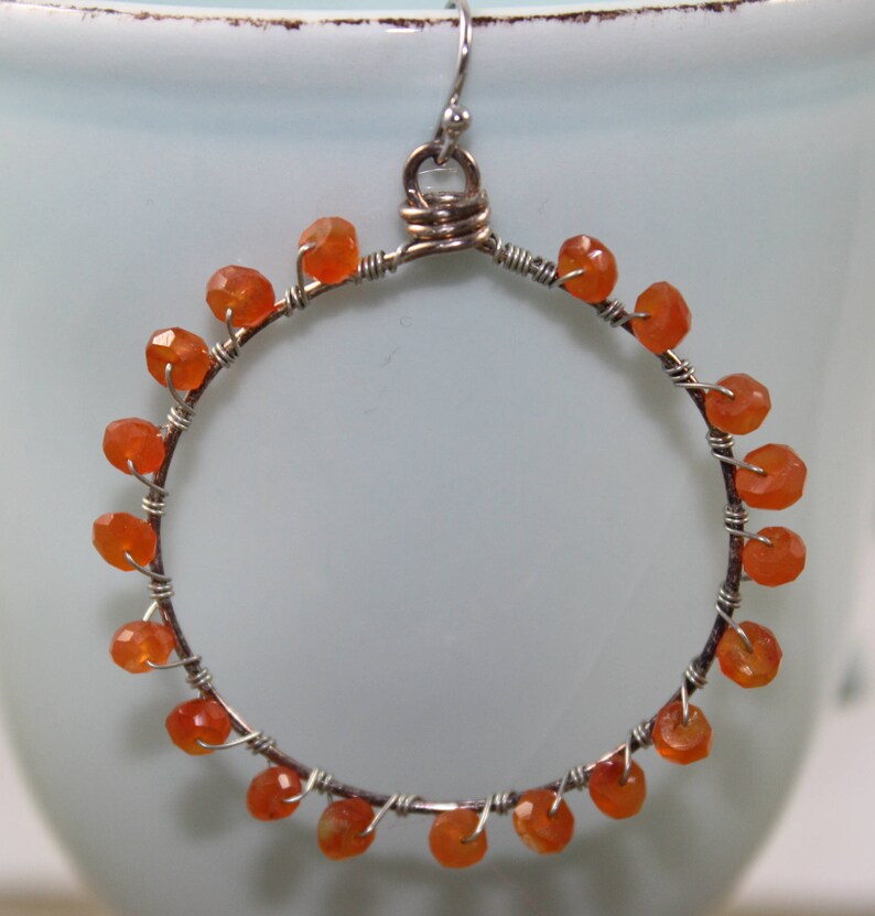 Wire Wrapped Carnelian Circle Earrings Genuine Gemstone Earrings