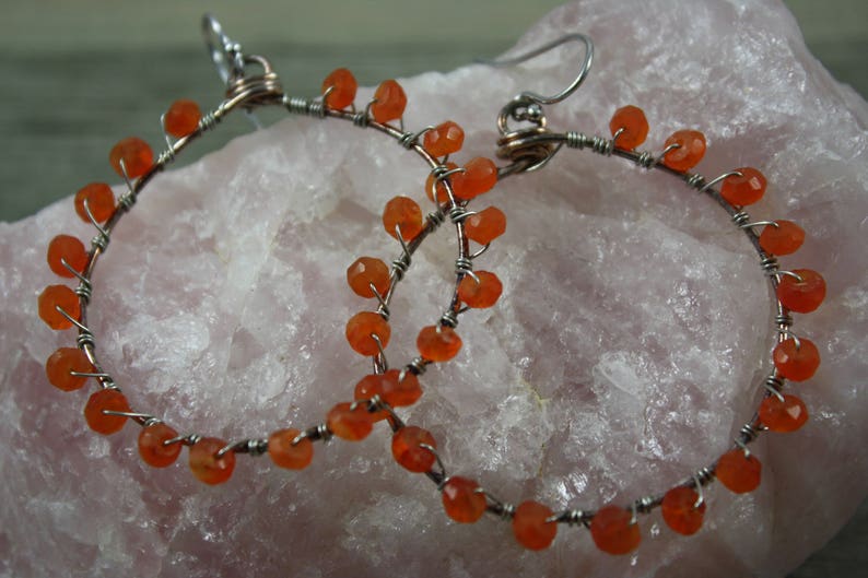 Wire Wrapped Carnelian Circle Earrings Genuine Gemstone Earrings