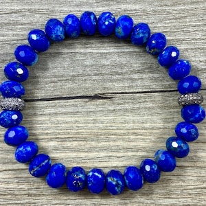 Faceted Lapis Rondelle Stretch Bracelet with Two Pave Diamond Rondelle Accent Beads / Gorgeous Deep Blue Lapis / 8mm Faceted Lapis Rondelles