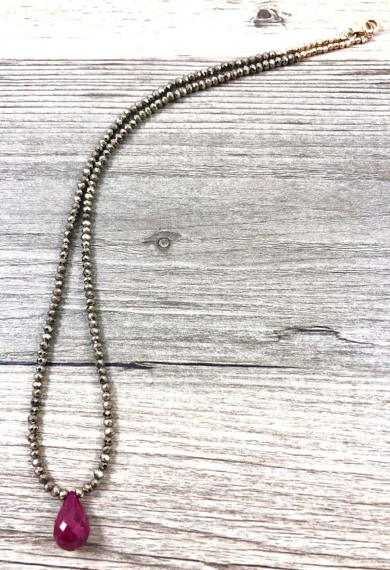Ruby Teardrop Pendant on Natural Pyrite Rondelle Necklace AAA Quality Gemstones Large Faceted Ruby Shimmery Faceted Pyrite Rodelles