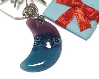 Purple, blue Moon Recycled Glass Pendant. Small moon made of Recycled Glass. Handmade. Best holiday gift. Crescent moon. Waxing moon