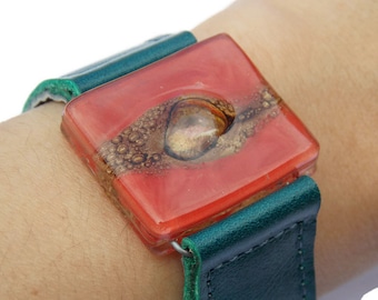 11111 Red Recycled  GLass and Dark Green Thin Leather Cuff Bracelet.