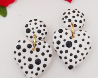 Polymer Clay Heart Earrings, Dalmatian Spots, Pink Black, Gold Silver Posts