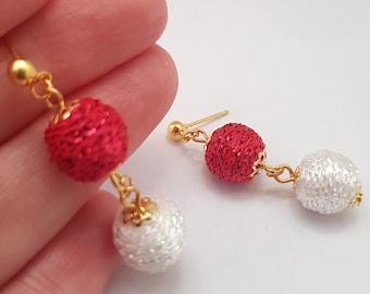 Red White Two Ball Drop Earrings, Lightweight Thread Wrapped Statement Studs
