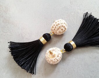 Stud Black Tassel Earrings, Black Tassel Earrings, Stud Tassel Earrings, Stud Earrings with black tassel, Fringe Earrings / Sandycraft