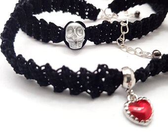Valentine/'s gift Sandycraftuk Charms Choker Choker with charms Black Choker Black Choker with adjustable length Crochet Choker