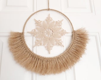 Crochet Star Wall Hanging, Jute Boho Home Decor