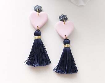 Pink Heart Tassel Earrings | Polymer Clay Stud Earrings | Navy Tassel Earrings | Cute Statement Earrings |  Gold Earrings / Sandycraft