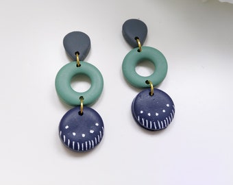 Geometric Polymer Clay Earrings | Green Navy Statement Earrings | Hand Painted Earrings | Modern Dangle Earrings | Gold, Silver / Sandycraft