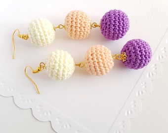 Ball Drop Earrings with three crochet balls, triple ball earrings in creamy-peach-purple, les bonbons earrings, Mother's day/ Sandycraft