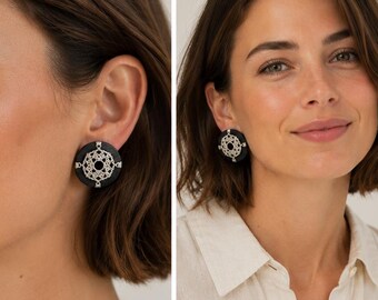 Black Leather Stud Earrings, Silver Embroidered Accents, Modern Design (4cm) / made by Katarzyna Bodera Sandycraft