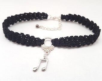 Valentine/'s gift Sandycraftuk Charms Choker Choker with charms Black Choker Black Choker with adjustable length Crochet Choker
