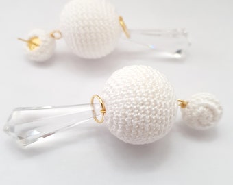 White Crochet Ball Drop Earrings with Glass Crystal, Gold-Tone Elements (8cm)