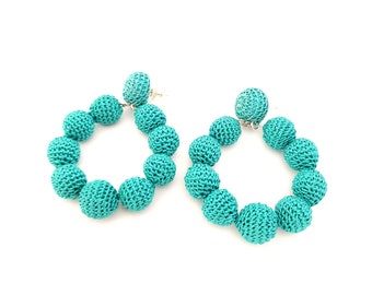 Ball Hoop Earrings with nine crochet balls in turquoise, la la bonbons earrings, stud crochet earrings/ Sandycraft