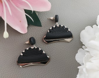 Leather earrings Black and Silver with embroidered points, metal element and polymer clay studs /handmade by Katarzyna Bodera Sandycraft