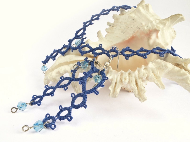 Jewellery Set Mother/'s Day gift Sandycraft Blue Tatting Earrings Svarowski Necklace Blue Tatting Jewellery Set: Blue Tatting Necklace