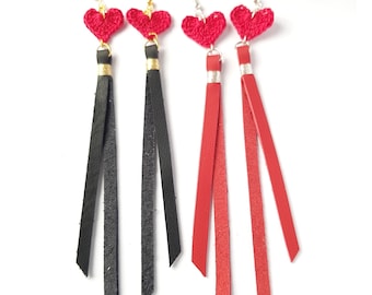Long Leather Earrings, Boho Leather Earrings, Leather Drop Tassel Earrings, Leather Earrings with heart, Valentine's day gift/ Sandycraft