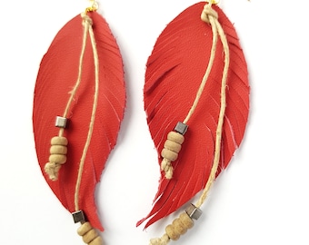 Red Leather Feather Earrings, Leather Feather Earrings, Red Long Leather Earrings, Valentine's day gift, gift for her/ Sandycraft