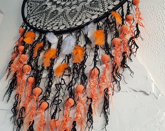 Giant Black Orange Dreamcatcher Wall Art, Modern Crochet Wall Hanging, Statement Handmade Home Decor, One of a kind Wall Decor / Sandycraft