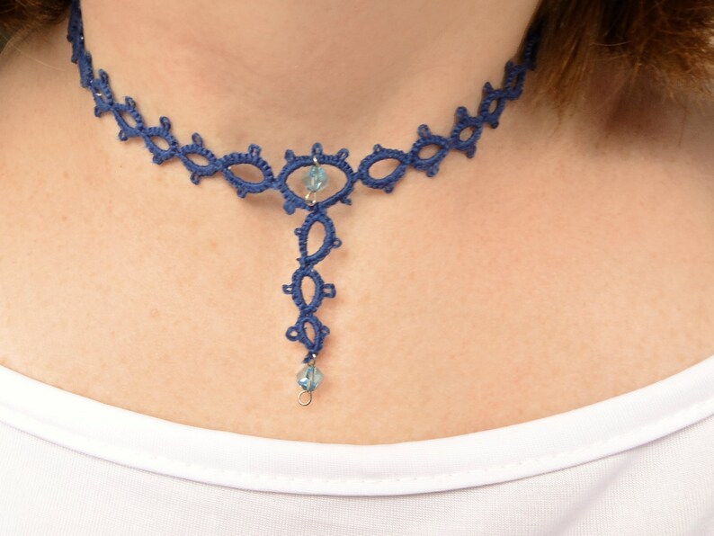 Jewellery Set Mother/'s Day gift Sandycraft Blue Tatting Earrings Svarowski Necklace Blue Tatting Jewellery Set: Blue Tatting Necklace
