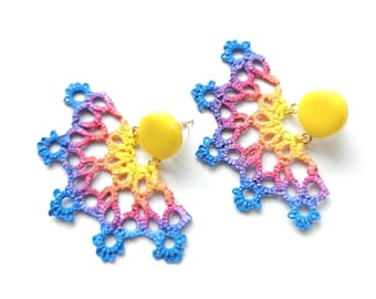 Handmade Rainbow Tatting Lace Earrings | Blue Yellow Gradient | Polymer Clay Studs  / Sandycraft