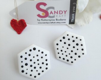 Statement Geometric Polymer Clay Stud Earrings - White Hexagon Shape, Black Polka Dots Design / Sandycraft