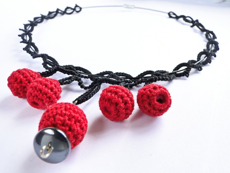 Unique Gift for her Crochet Red Ball Necklace Unique Black Tatting Necklace Ball Drop Necklace Mother/'s Day gift Sandycraft