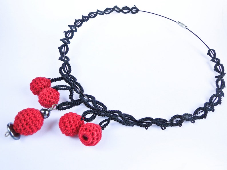 Unique Gift for her Crochet Red Ball Necklace Unique Black Tatting Necklace Ball Drop Necklace Mother/'s Day gift Sandycraft