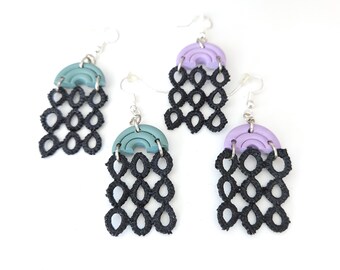 Tatting Polymer Clay Earrings | Green Purple Statement Earrings | Lightweight Hook Earrings | Modern Boho Earrings / Sandycraft