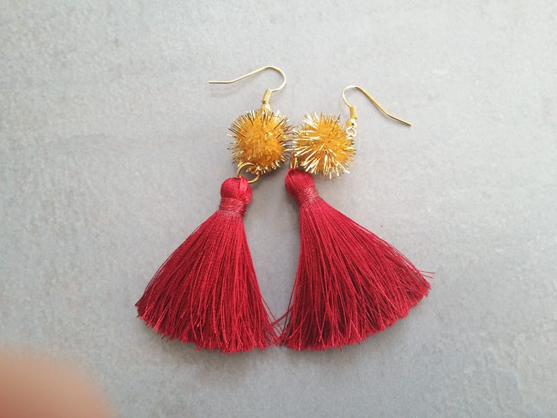 Red Tassel Earrings Pom pom Tassel Earrings Tassel Earrings Pom pom Fringe Earrings Sandycraft Pom pom Earrings Red Tassel Earringsl