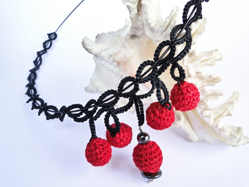 Unique Gift for her Crochet Red Ball Necklace Unique Black Tatting Necklace Ball Drop Necklace Mother/'s Day gift Sandycraft