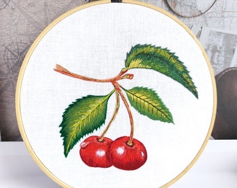 Cherry Embroidery Hoop Art – Hand-Stitched Fruit Decor / design and embroidered by Katarzyna Bodera Sandycraft
