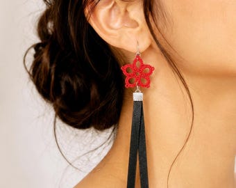 Long Leather Earrings, Boho Leather Earrings, Leather Drop Tassel Earrings, Leather Earrings with tatting flower,Valentine's gift/Sandycraft