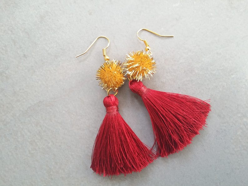 Red Tassel Earrings Pom pom Tassel Earrings Tassel Earrings Pom pom Fringe Earrings Sandycraft Pom pom Earrings Red Tassel Earringsl