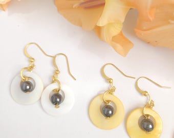 Mother of Pearl Hematite Earrings, Gold Elements, Modern Minimalist Jewelry