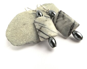 Sterling Silver Earrings with Jasper and Hematite, Dangle Earrings, Jasper Earrings, Drop Earrings, Earrings, mother's day gift / Sandycraft