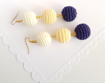 Ball Drop Earrings with three crochet balls, triple ball earrings in creamy-yellow-navy blue, les bonbons earrings, Mother's day/ Sandycraft