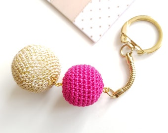 Keyring with Cotton Balls in Gold and Fuchsia, bag charm, clip on your purse, keys, gym bag or backpack, bag accessories / Sandycraft