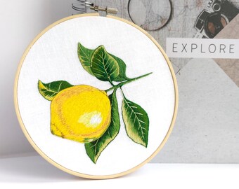 Lemon Embroidery Art - Collection "Juicy Fruits"- Embroidery Art Hoop -Lemon- Embroidery hoop, Embroidery Art Home Decor / Sandycraftuk