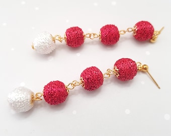 Red White Four Ball Drop Earrings, Lightweight Metallised Cord Wrapped Bonbons